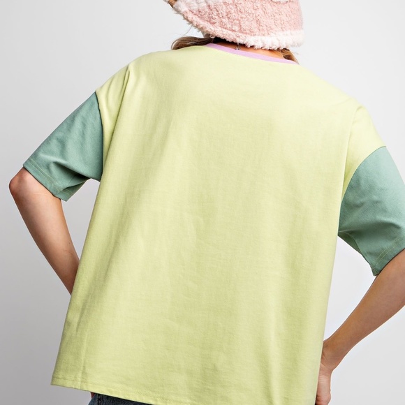 NEW EASEL LIVE LAUGH AND LOVE PRINT WASHED COTTON JERSEY TOP SHIRT SMALL GREEN - Picture 5 of 5